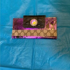 Purple Snake-Print Wallet with Brown GG Signature Stripe and Black Flap